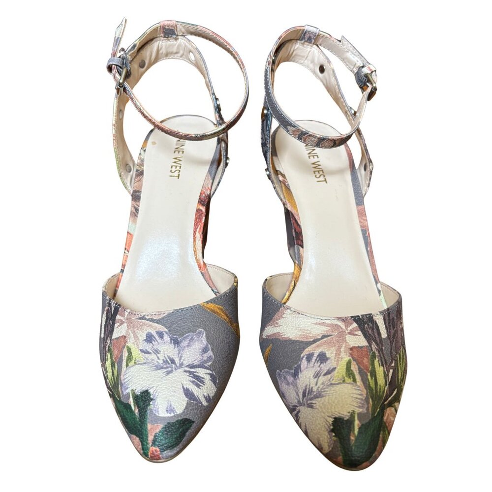 Nine West Floral Block Heel Ankle Strap Pumps Multicolor Size 9